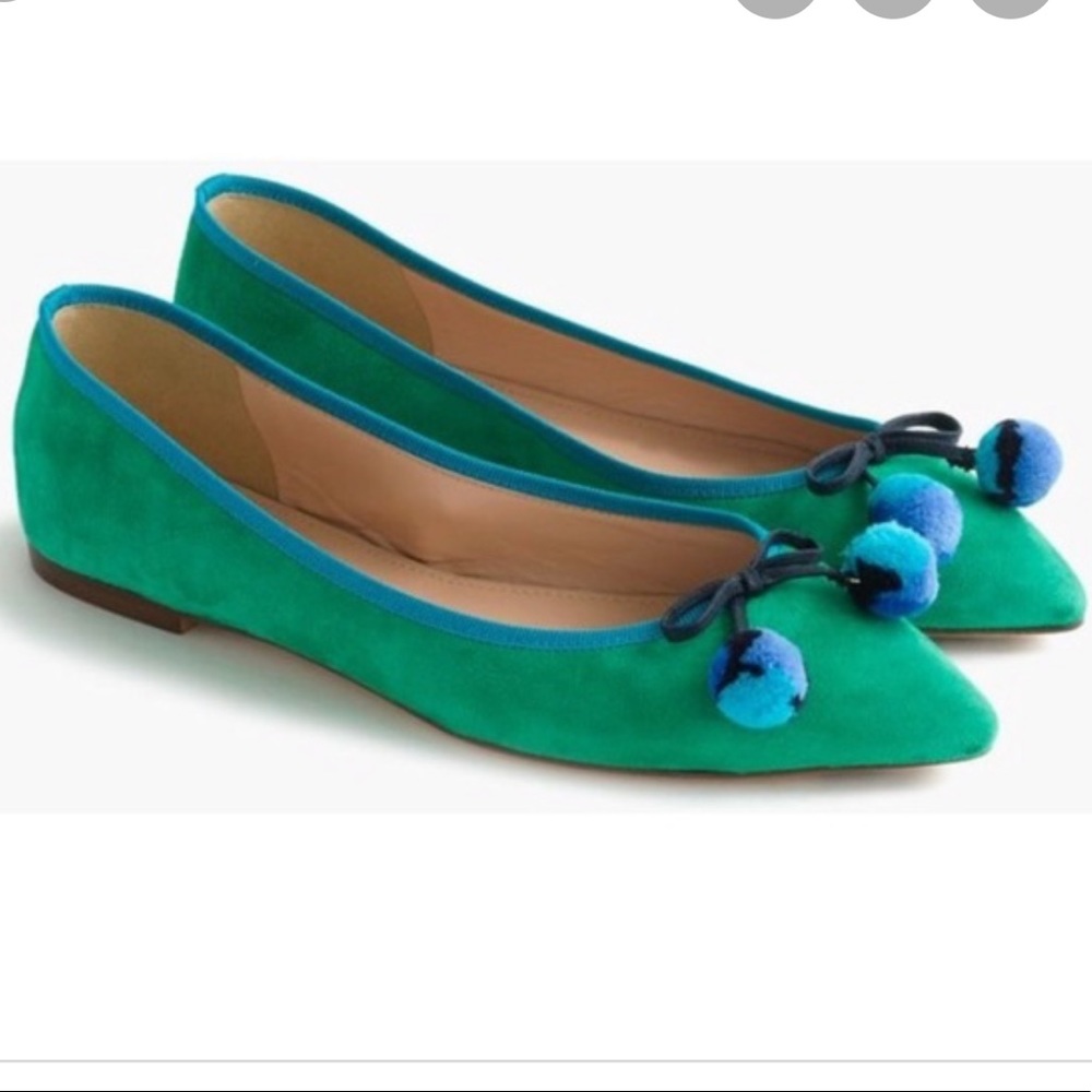 J Crew Gemma Suede Flats with Pom-Poms